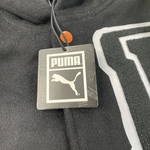 PUMA SIGNATURE Varsity P Patch Long JACKET Snap Button Wool Blend Coat Black - Picture 10 of 13
